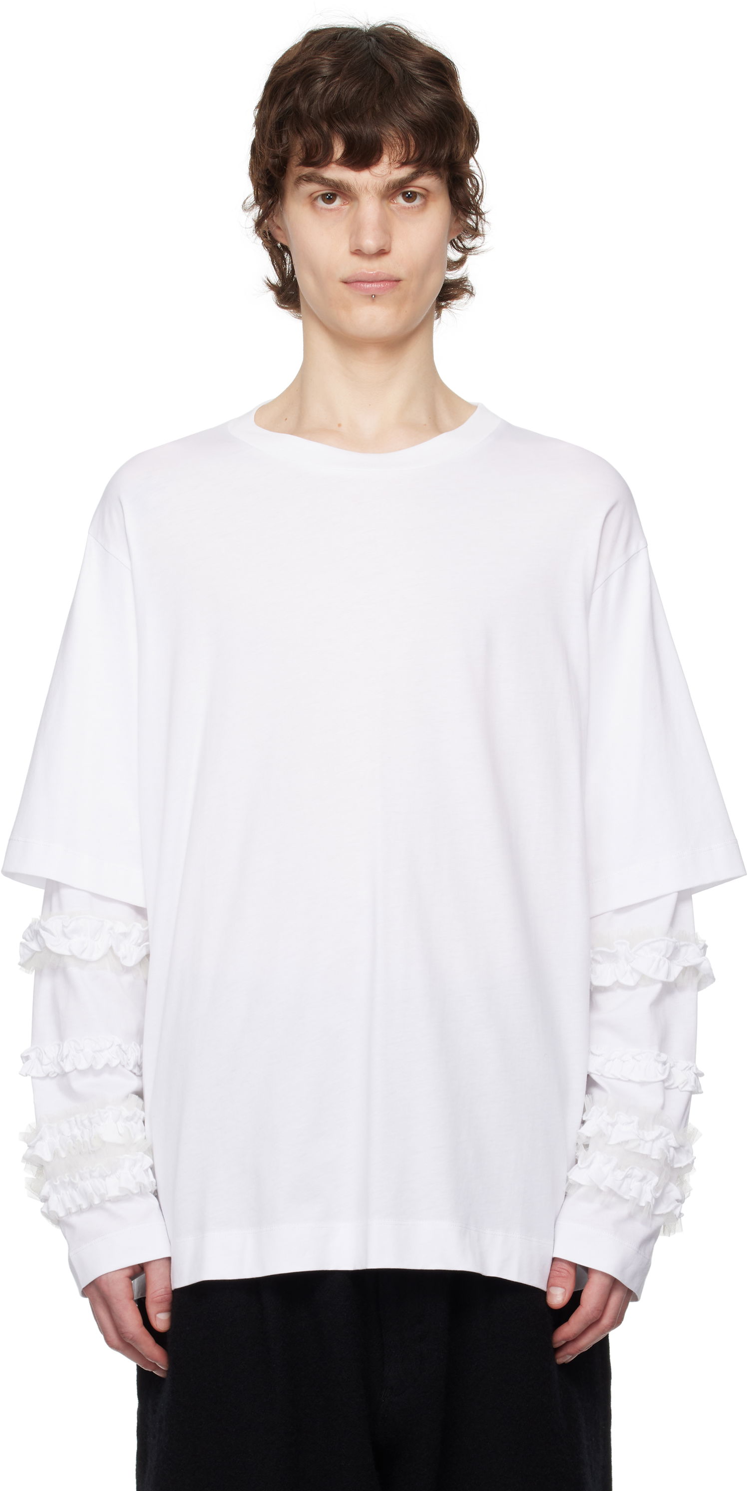 Тениска Simone Rocha Simone Rocha Layered Ruffle Frill Long Sleeve T-Shirt Бяло | 5326 0553, 0