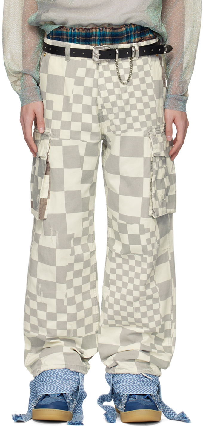 Карго панталони ERL Checkered Print Relaxed Fit Cargo Pants Бяло | ERL08P005