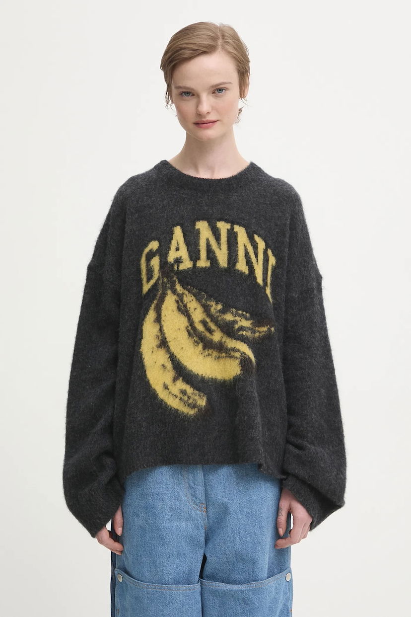 Пуловер GANNI Fine Brushed Alpaca Banana Oversized Sweater Сиво | K2516