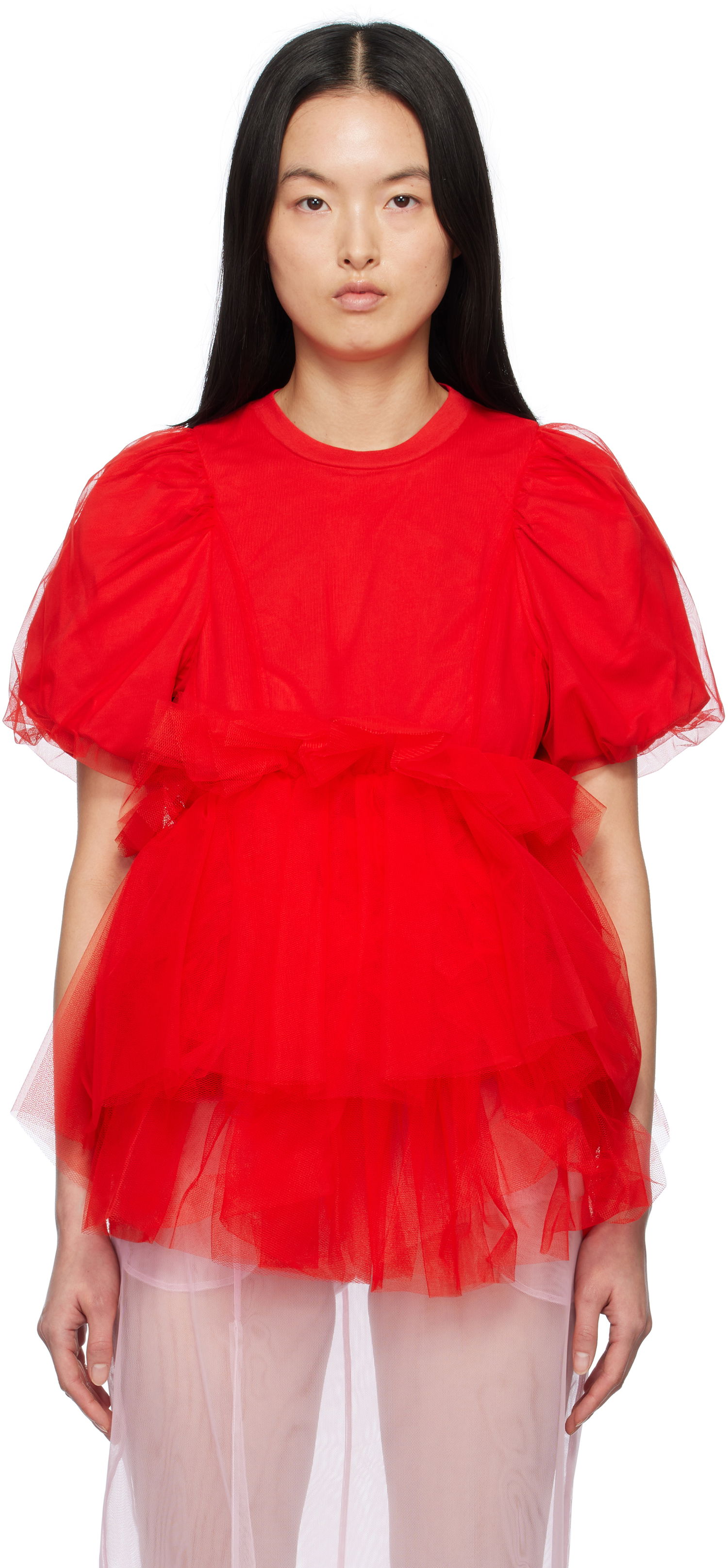 Тениска Simone Rocha Simone Rocha Tulle Overlay Puff Sleeve Tutu Hem T-Shirt Червено | 5310 0553, 0