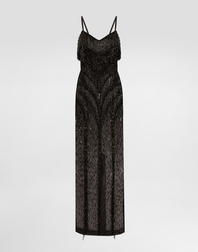 Dolce & Gabbana Long Marquisette Dress with Sequined Fringe