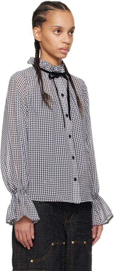 Риза GANNI Ganni Sheer Check Tie-Neck Blouse Бяло | W0155, 1