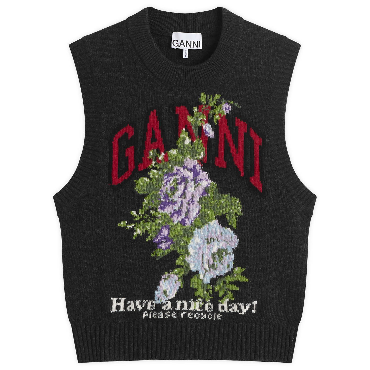 Жилетка GANNI GANNI Knitted Wool Vest with Floral Graphic Сиво | K2596-252, 1