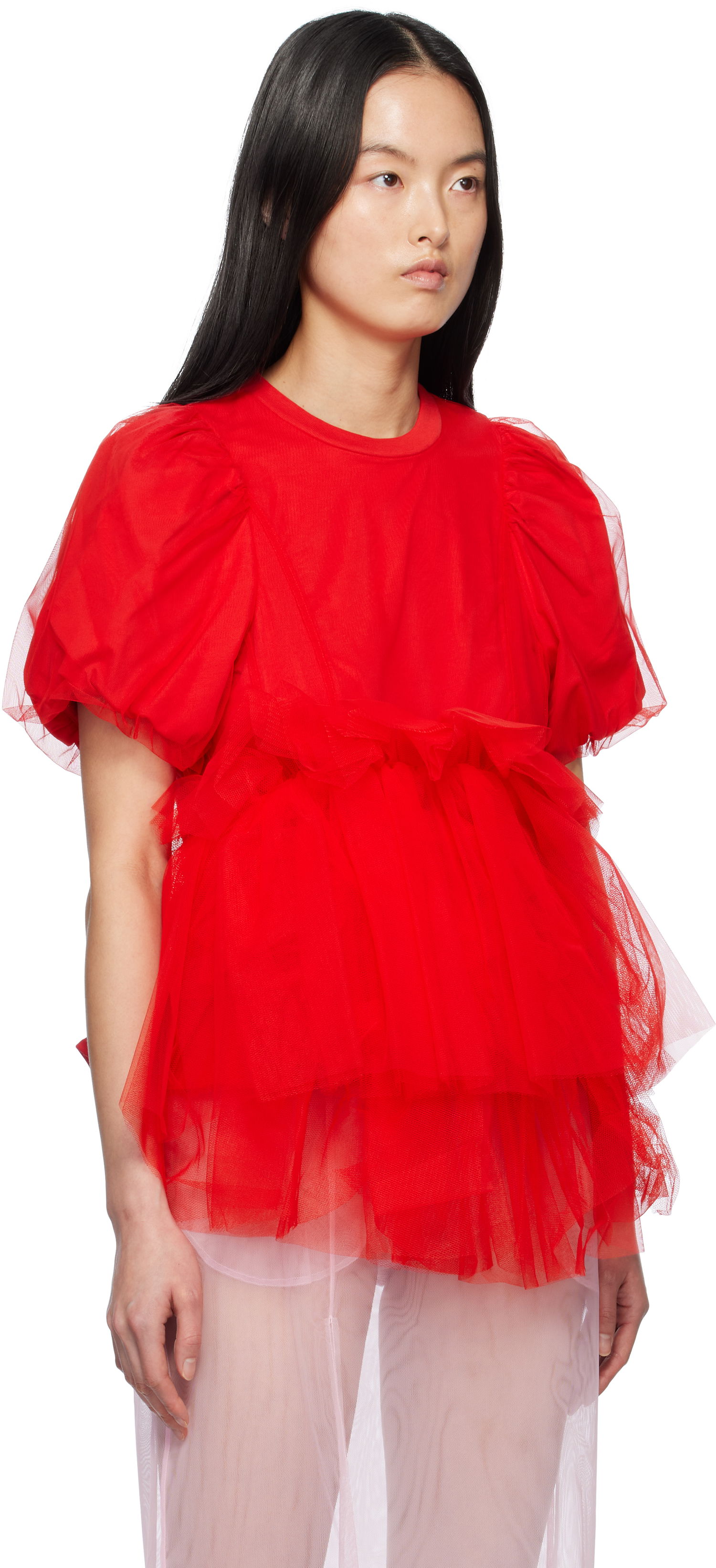 Тениска Simone Rocha Simone Rocha Tulle Overlay Puff Sleeve Tutu Hem T-Shirt Червено | 5310 0553, 1