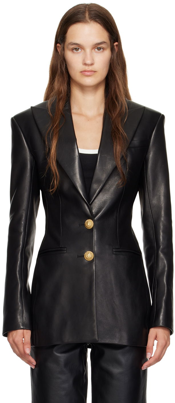 Яке Balmain Double-Breasted Leather Blazer Черно | DF1SE056LC62