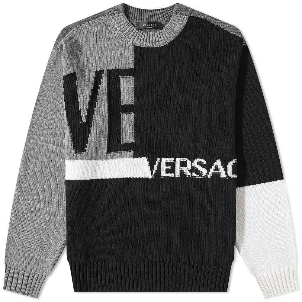 Пуловер Versace Versace Patchwork Logo Crew Knit Sweater Сиво | 1005715-1A04088-2B070, 0
