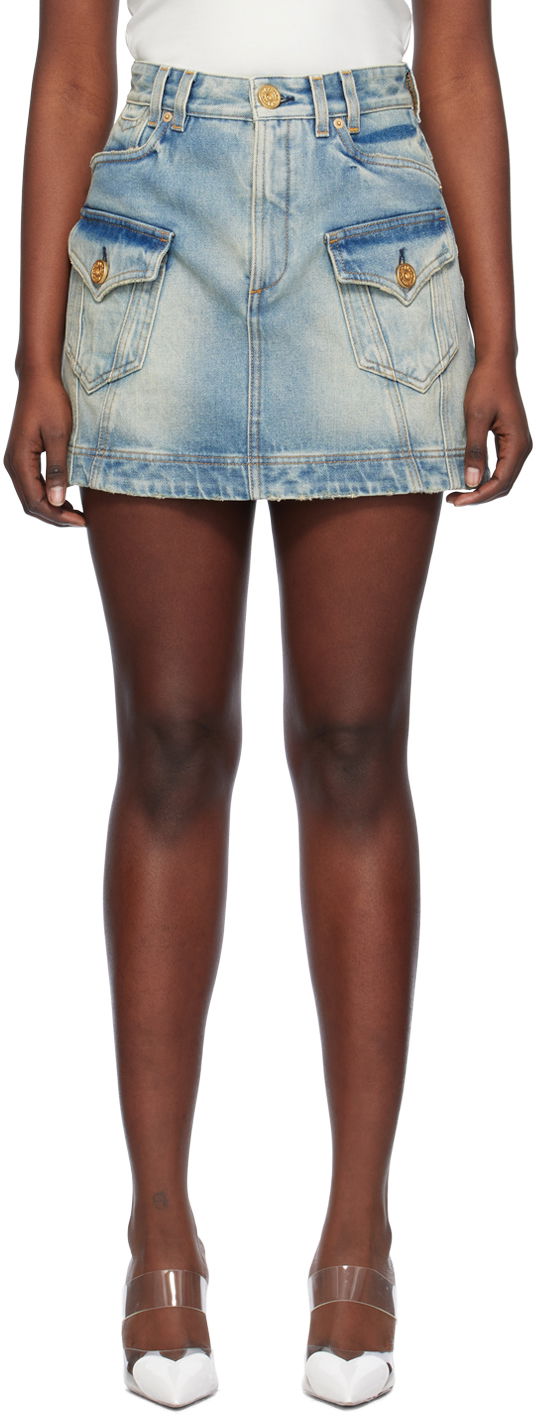 Пола Balmain Western Denim Miniskirt Синьо | CF1LA352DE04