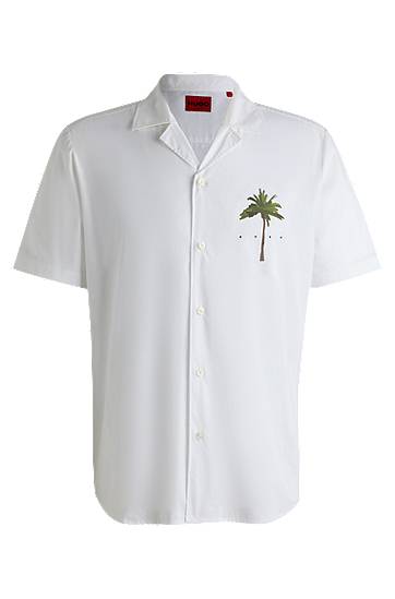 Риза BOSS Relaxed-Fit Cotton Shirt with Palm-Tree Print Бяло | 50540153