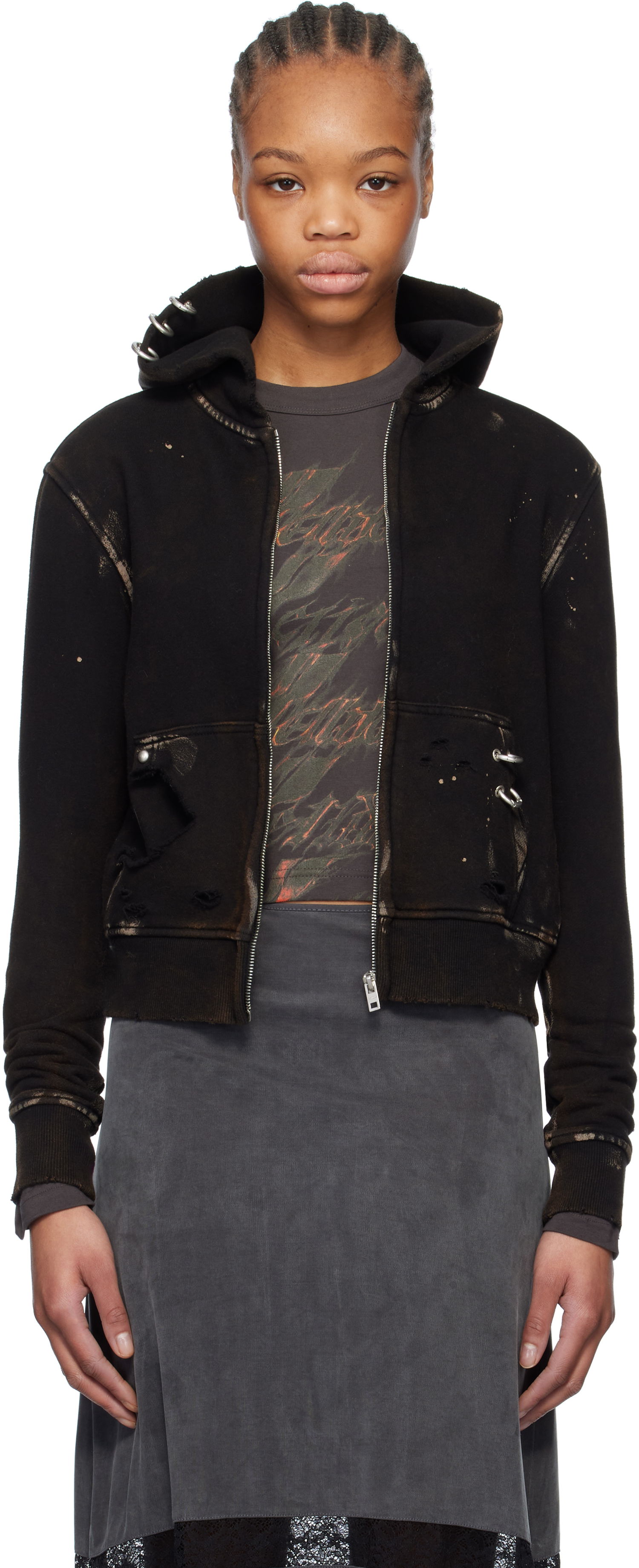 Суитчър We11done We11done Pierced Zip-Up Hoodie Черно | WD-TJ0-25-821-U-BK, 0