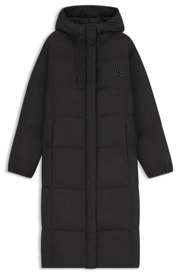 Пухо яке BOSS Long-length hooded down jacket with stacked-logo print Черно | 50546355