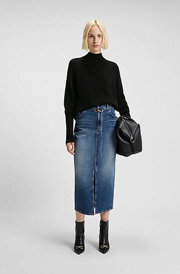 Пуловер BOSS Relaxed-fit mock-neck sweater in a wool blend Черно | 50548251, 1