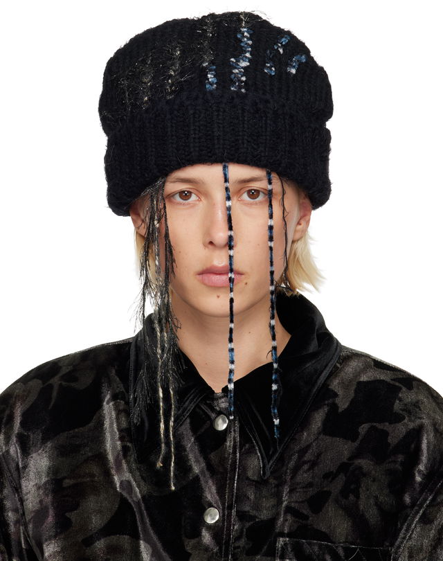 Textured Knit Beanie with Fringe and Speckled Details
