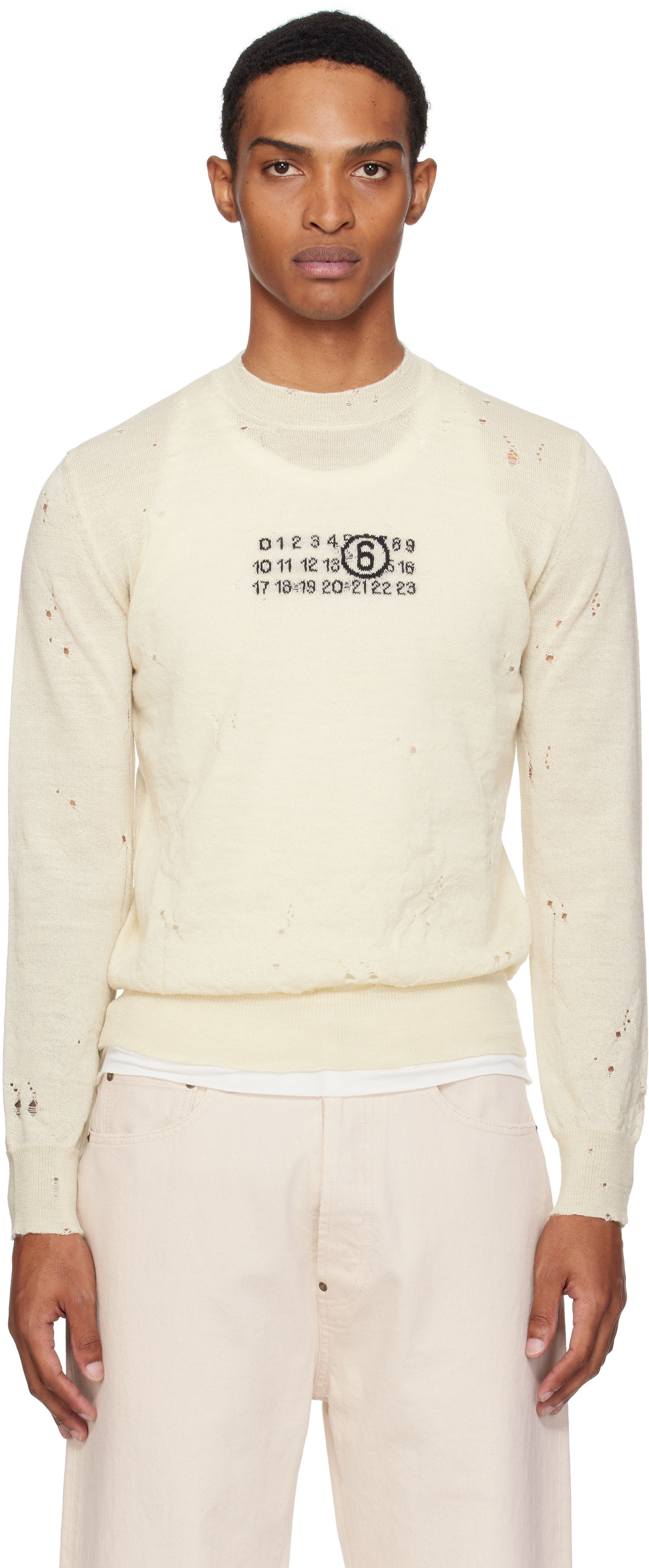 Пуловер Maison Margiela MM6 Maison Margiela Distressed Wool Sweater Бяло | SH0HL0033 M13134, 0