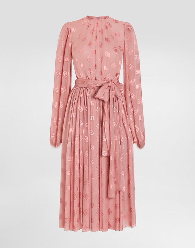 Dolce & Gabbana Devore Silk Jacquard Calf-Length Dress with DG Logo