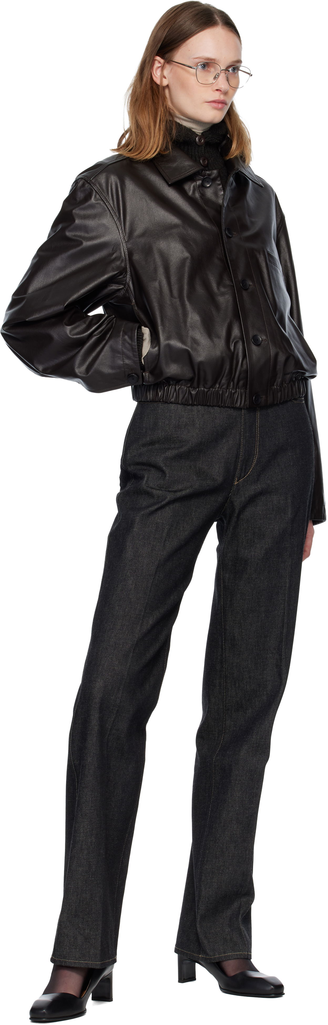 Soft Leather Collared Blouson Jacket, 3