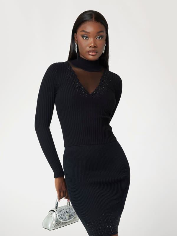 Пуловер GUESS Rhinestone Detail Ribbed Sweater Черно | W5RR15Z2Y50, 0