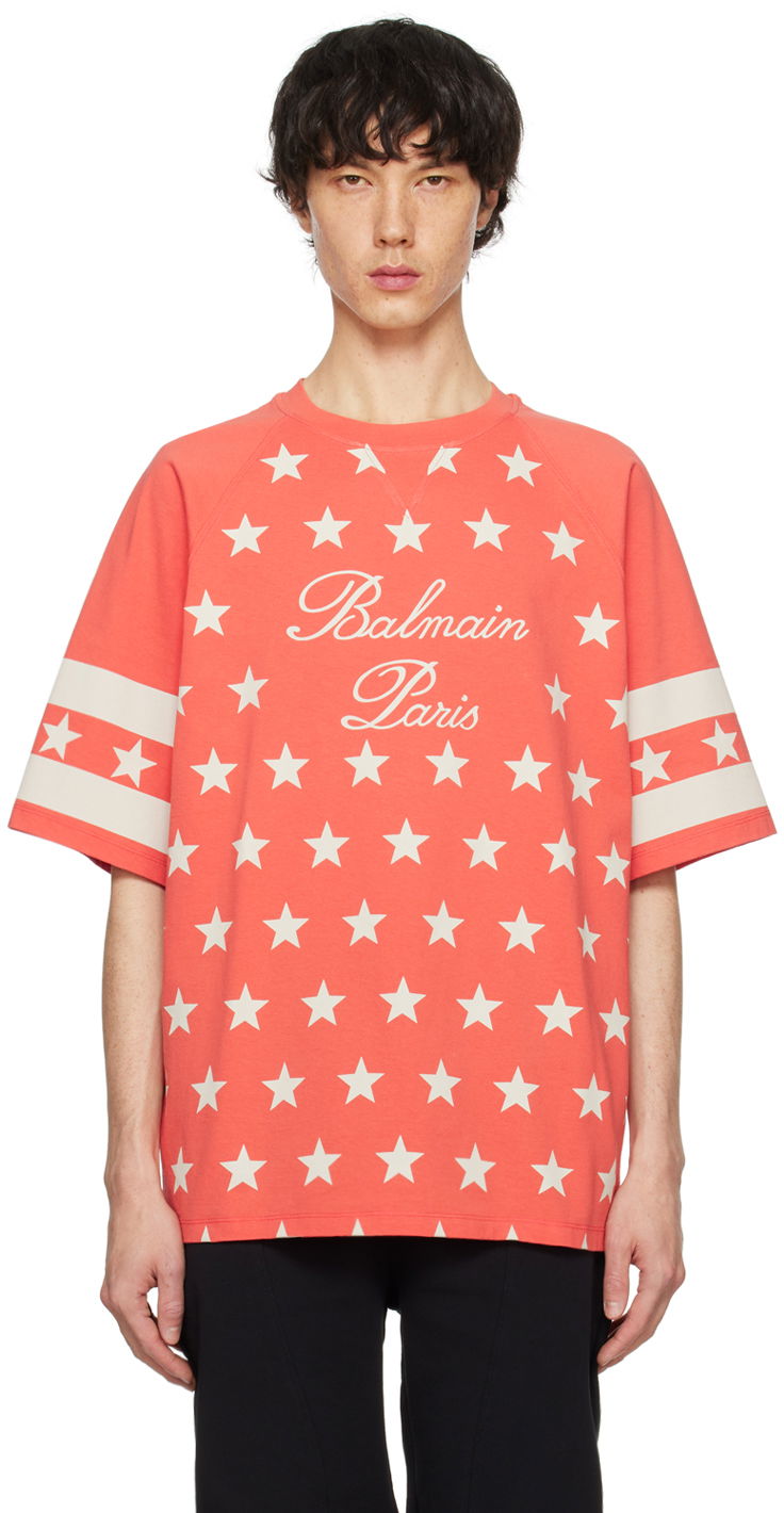 Тениска Balmain Signature Stars T-Shirt Червено | CH1EH135GD27