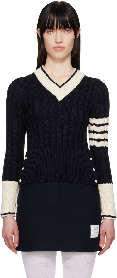 Пуловер Thom Browne Thom Browne Classic Merino Wool V-Neck Sweater Тъмно синьо | FKA484A-Y1024, 0