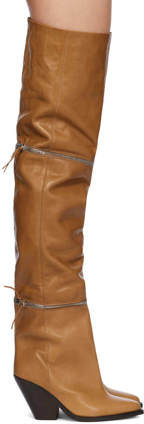 Кецове и обувки ISABEL MARANT Lelodie Over-the-Knee Zipped Leather Boots Кафяво | 23HCD0006FA-A4A12S