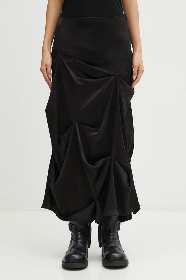Fluid Satin Jacquard Tuck Detail Long Midi Skirt