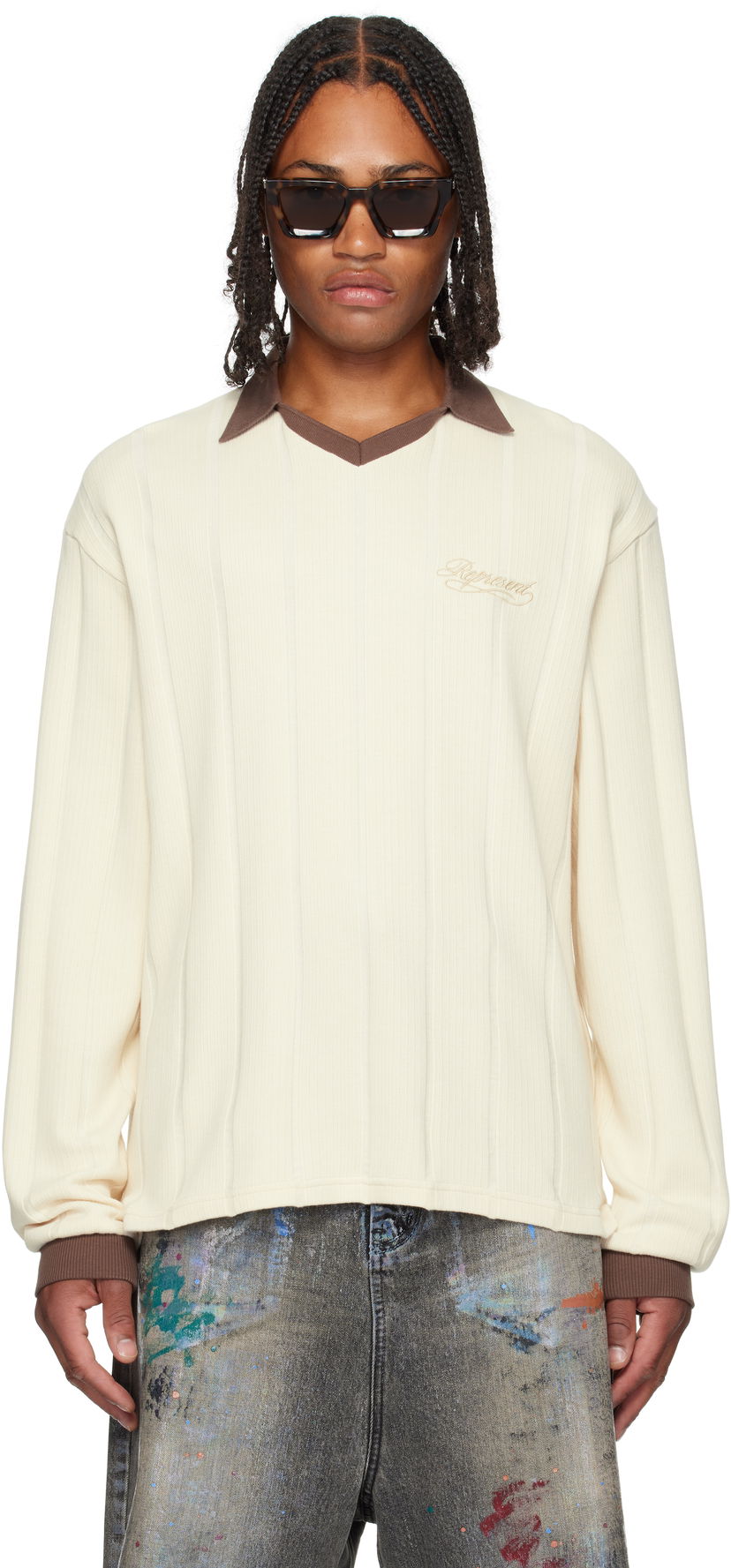 Поло тениска Represent Clo Represent Retro Football Long Sleeve Polo Бяло | MLM100277