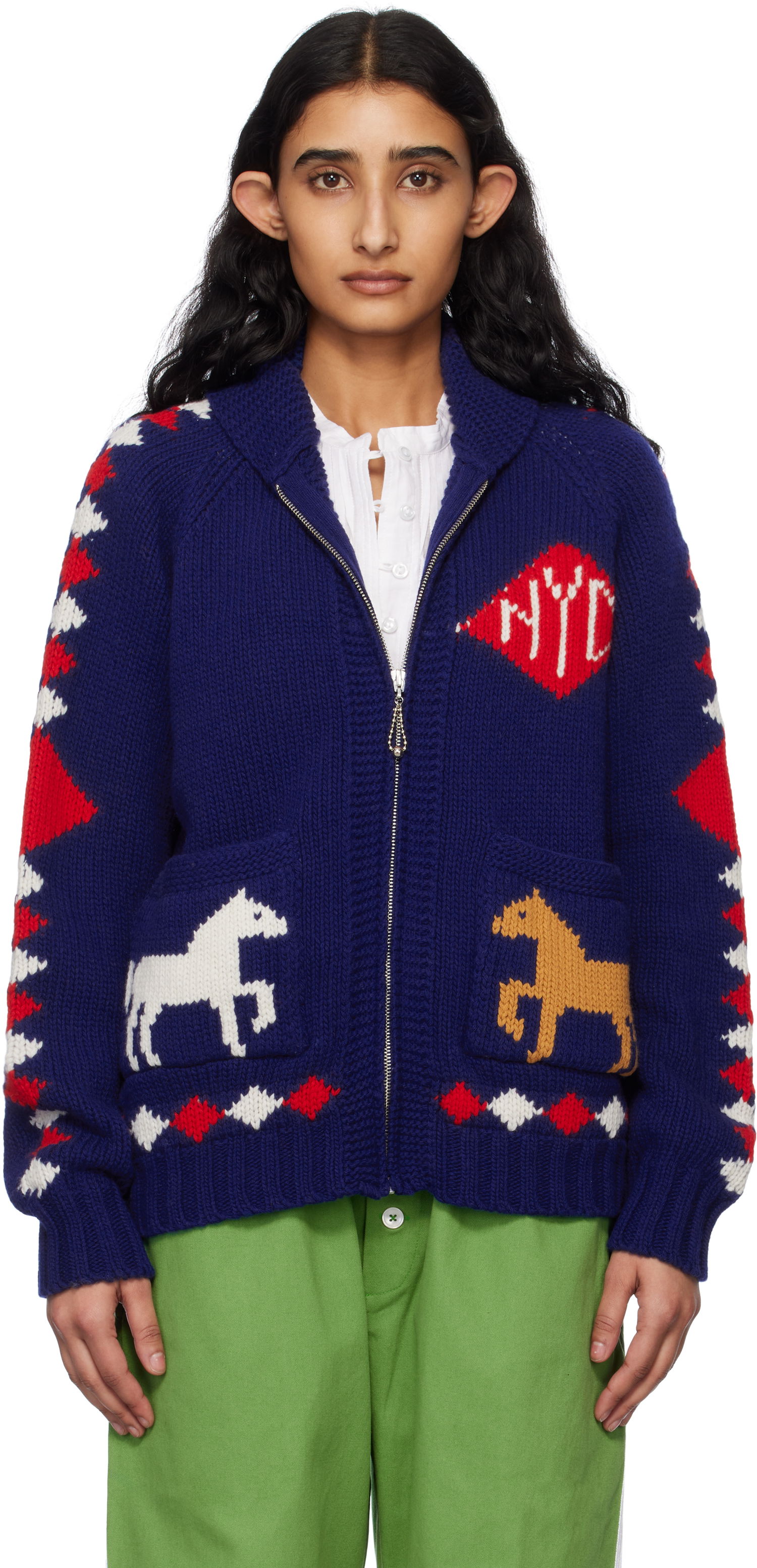 Пуловер Bode Bode Diamond Corral Zip Cardigan Синьо | MRS25KT015, 0