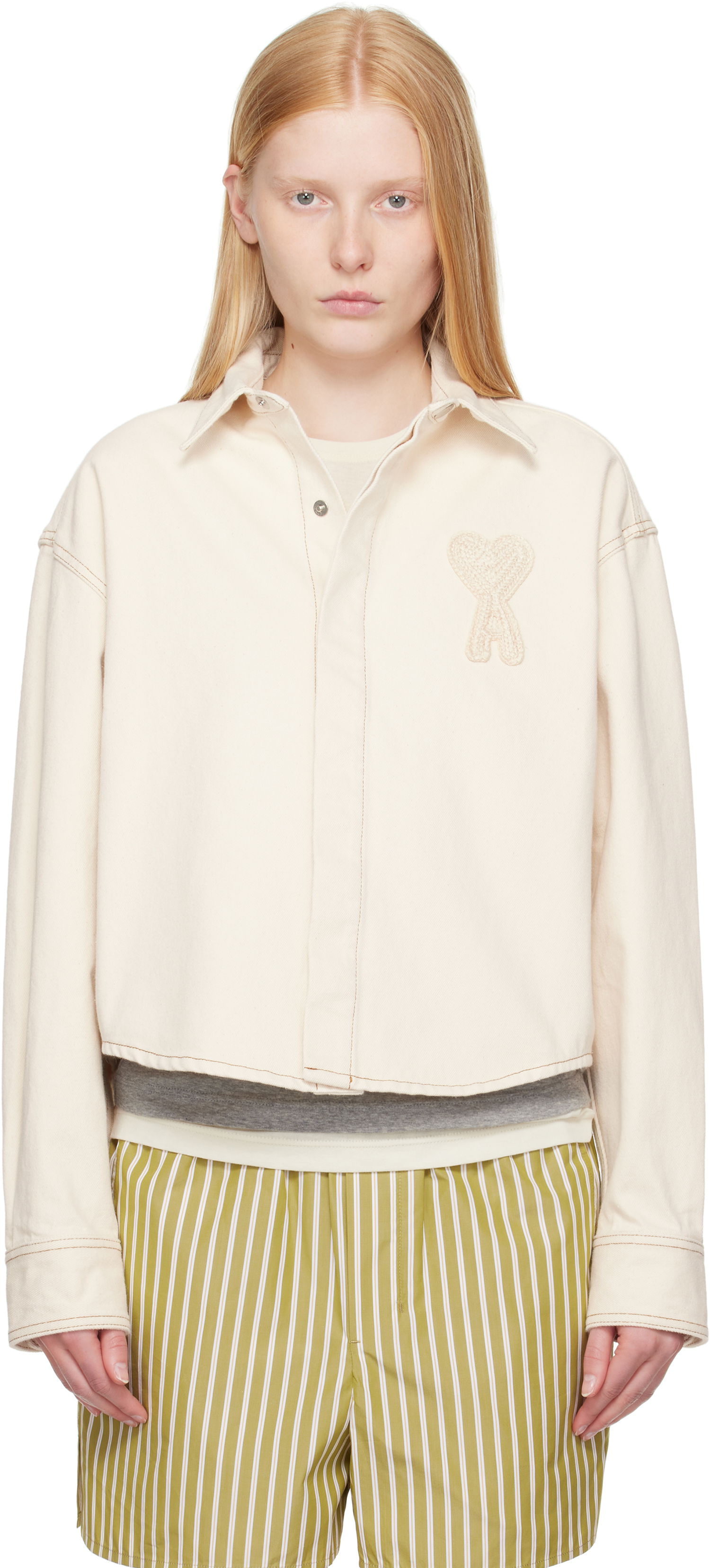 Риза AMI AMI Paris Ami de Coeur Cropped Denim Shirt Бяло | FSH168.DE0039, 0