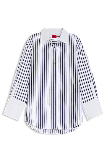 Cotton Poplin Blouse with Contrast Trims and Stripes