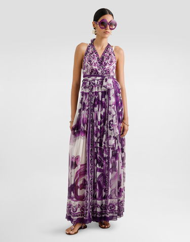 Pокля Dolce & Gabbana Dolce & Gabbana Majolica-Print Halter Neck Chiffon Dress Лилаво | F6TYTTHI1BXIP3TN, 1