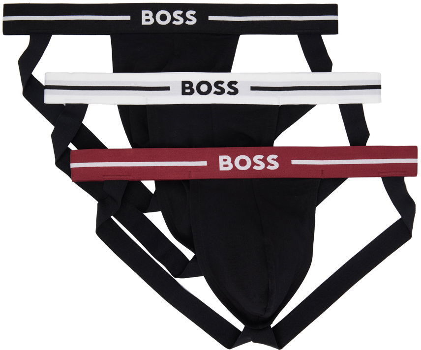 Flexstyle BOSS Three-Pack Black Jacquard Logo Jock Straps Черно | 50517823, 0