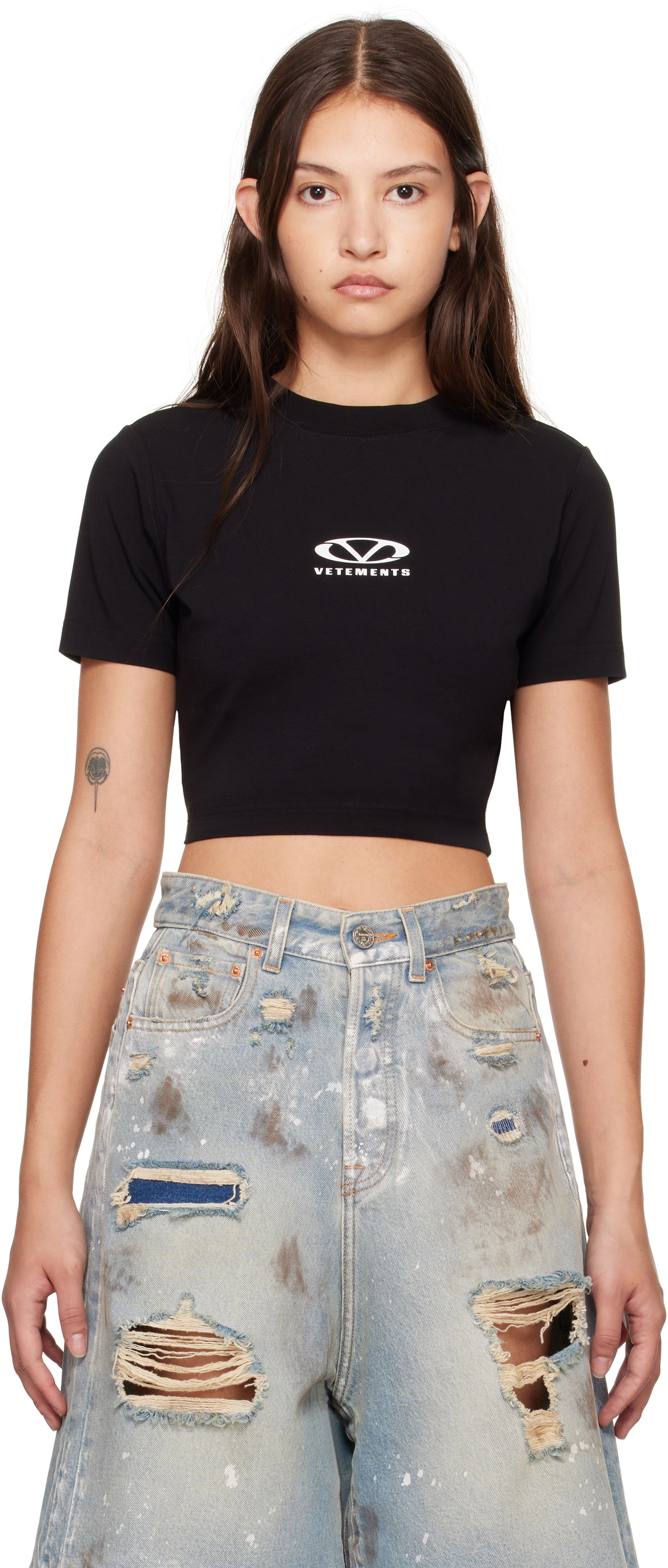 Съкратен топ VETEMENTS Oval Logo Cropped Fitted T-Shirt Черно | WA66TR700BW, 0