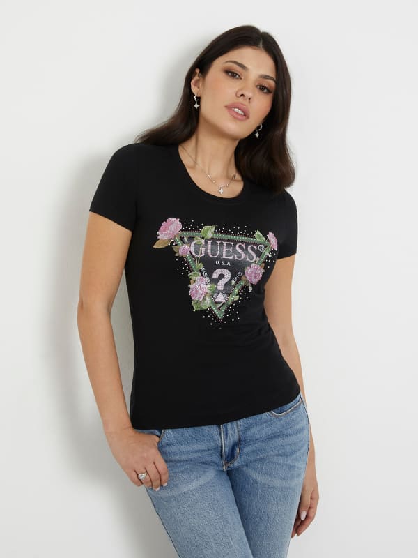 Тениска GUESS Flower Logo Stretch T-Shirt Черно | W4RI28J1314, 0