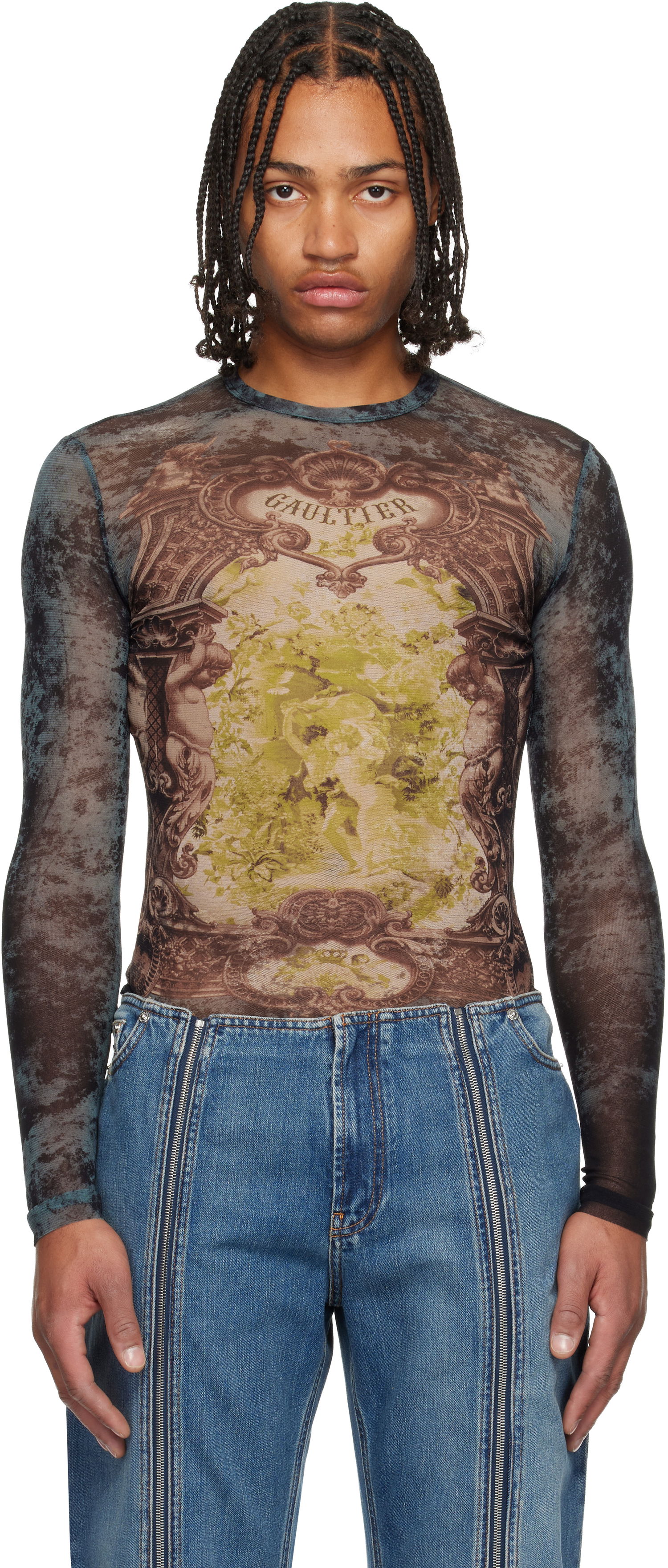 Тениски и потници Jean Paul Gaultier The Blue Médaillon Printed Long Sleeve Mesh Top Многоцветен | 25/04-W-TO305-M006P-005740, 0