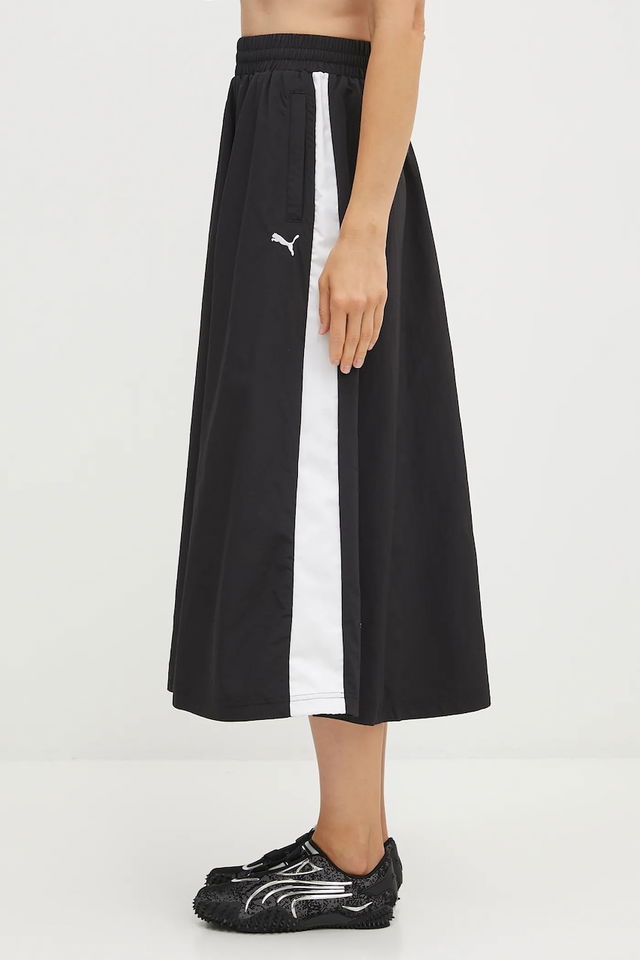 Midi A-line Skirt with Elastic Waist and Side Stripe