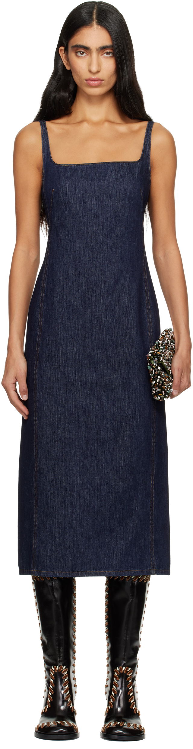 Dries Van Noten Square-Neck Fitted Denim Midi Dress