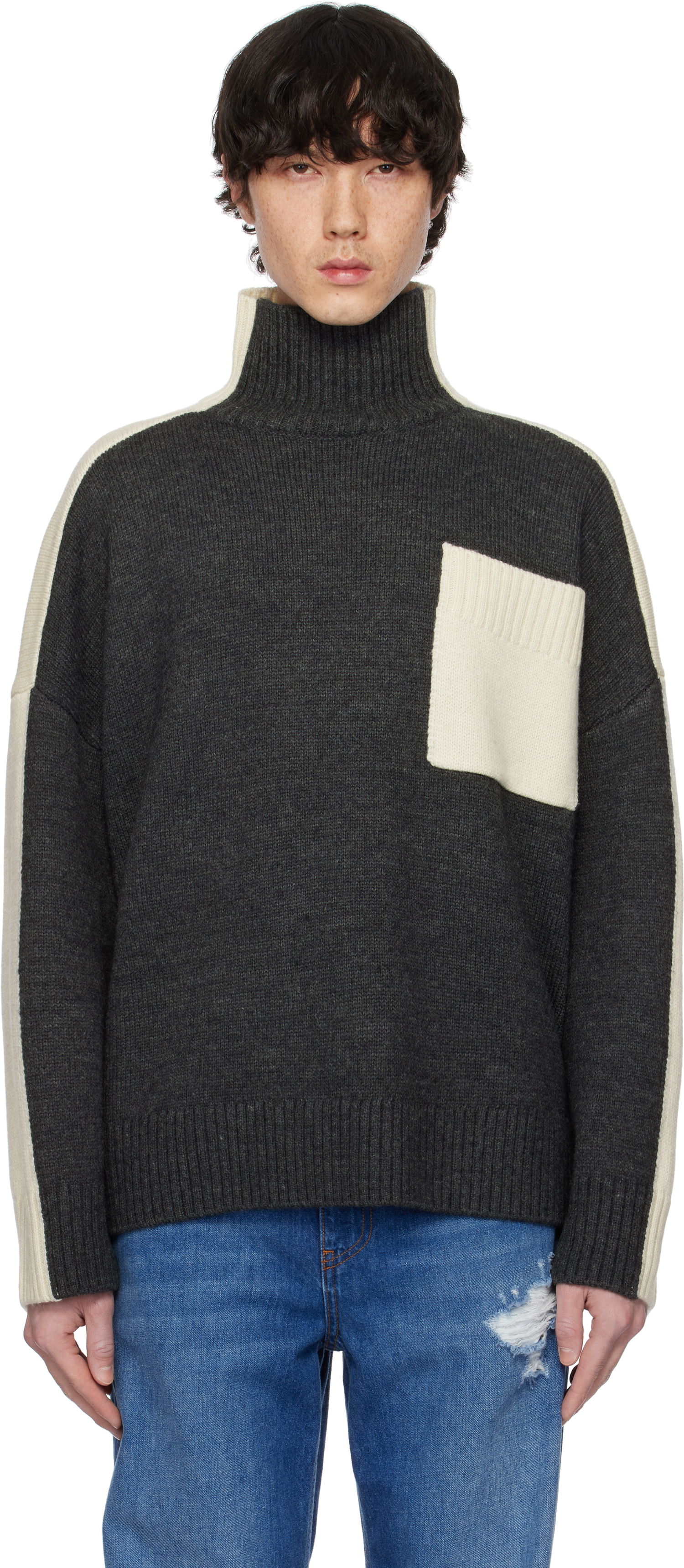 Пуловер JW Anderson JW Anderson Dual Tone Turtleneck with Patch Pocket Сиво | KW1308-YN0367, 0