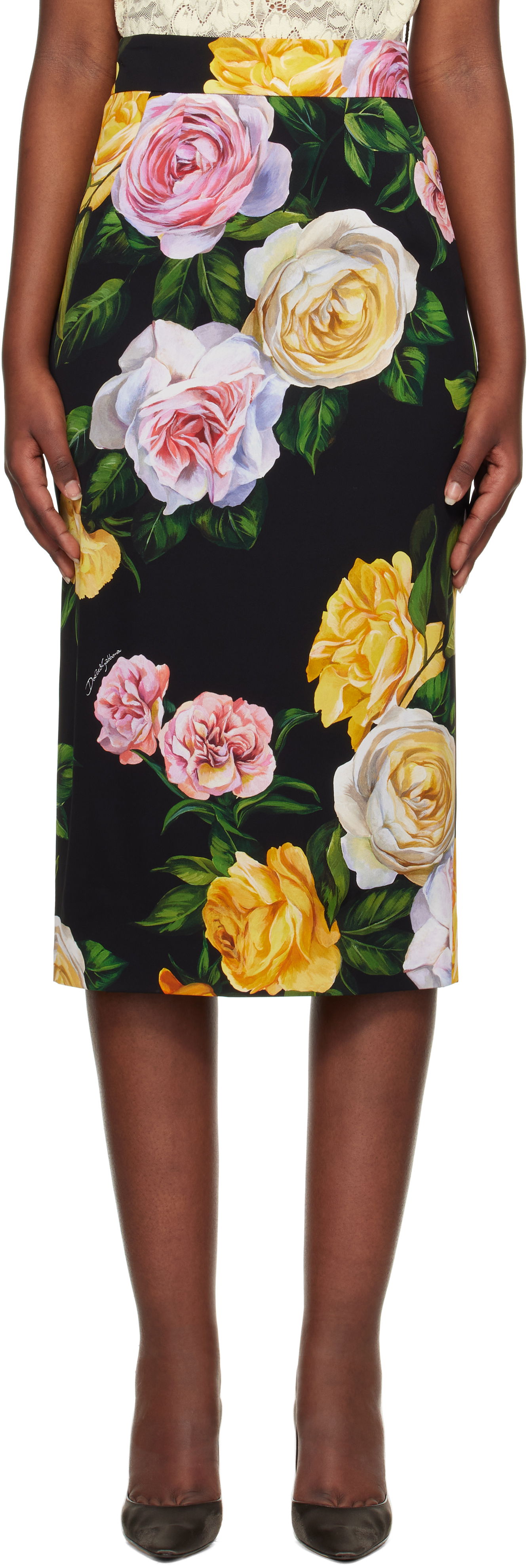 Пола Dolce & Gabbana Dolce&Gabbana Peony & Rose-Print Midi Skirt Черно | F4B6UT FSA7B, 0