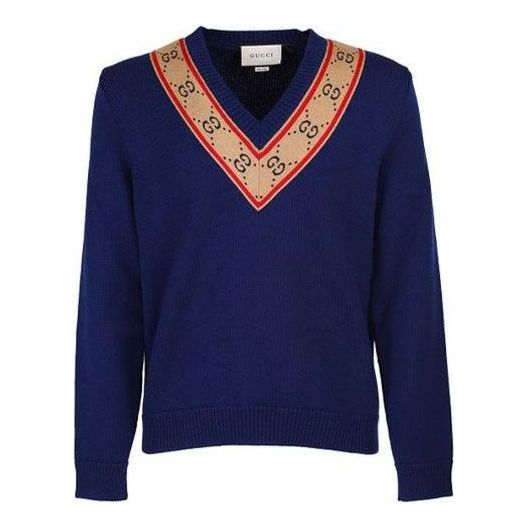 Пуловер Gucci GG V-Neck Wool Sweater Синьо | 577089-XKAUO-4912, 0