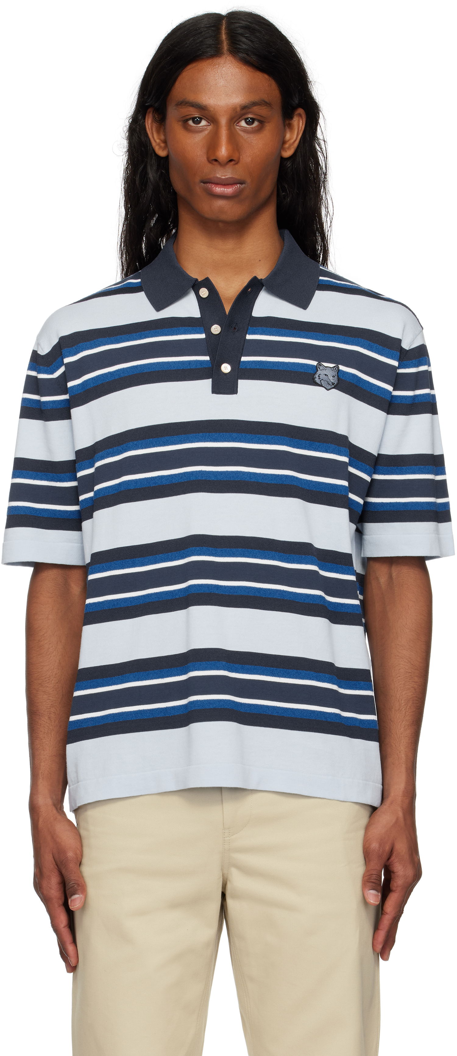 Поло тениска MAISON KITSUNÉ Maison Kitsuné Fine Gauge Striped Polo with Fox Head Patch Синьо | OM00201KT1119, 0
