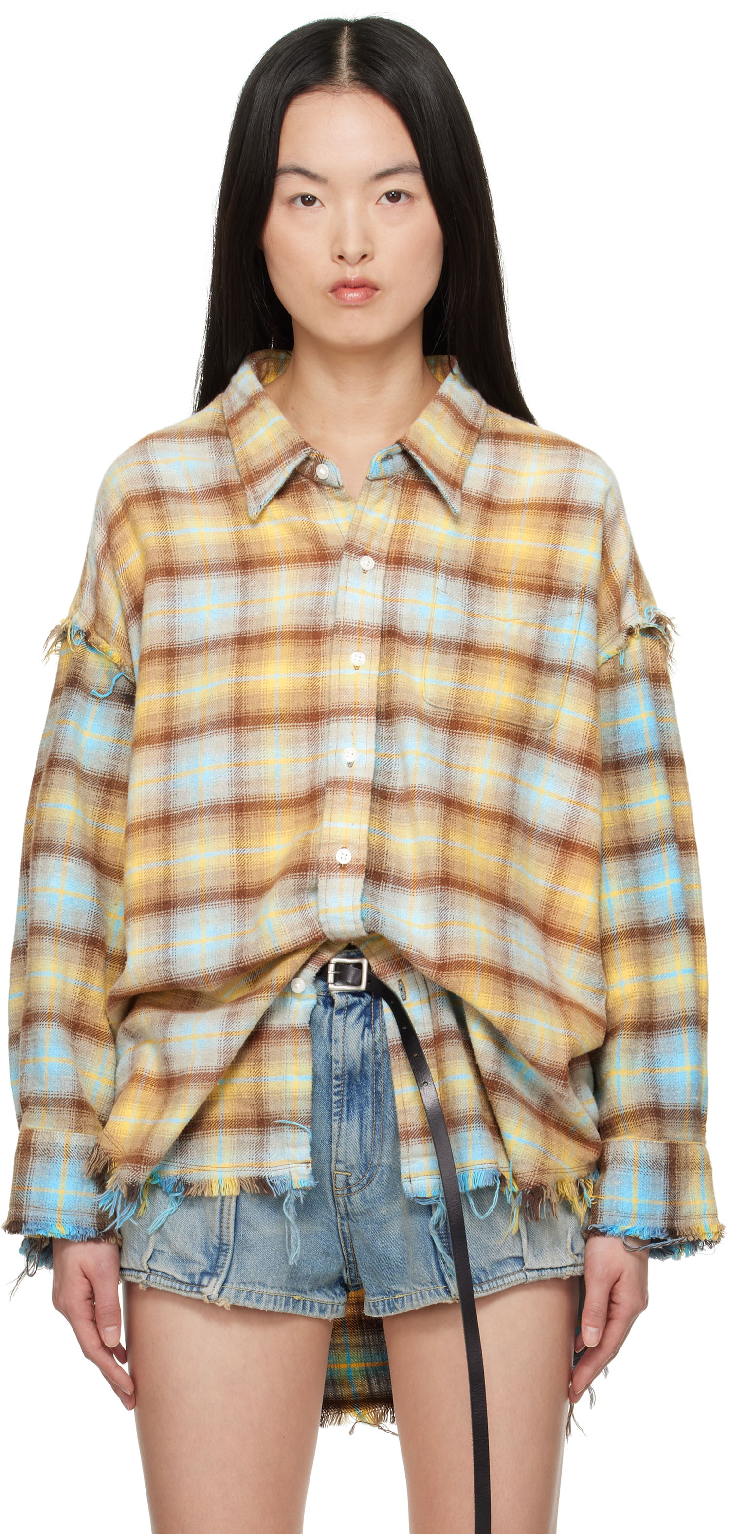 Риза R13 R13 Shredded Seam Drop Neck Plaid Shirt Многоцветен | R13WR075-R503B, 0