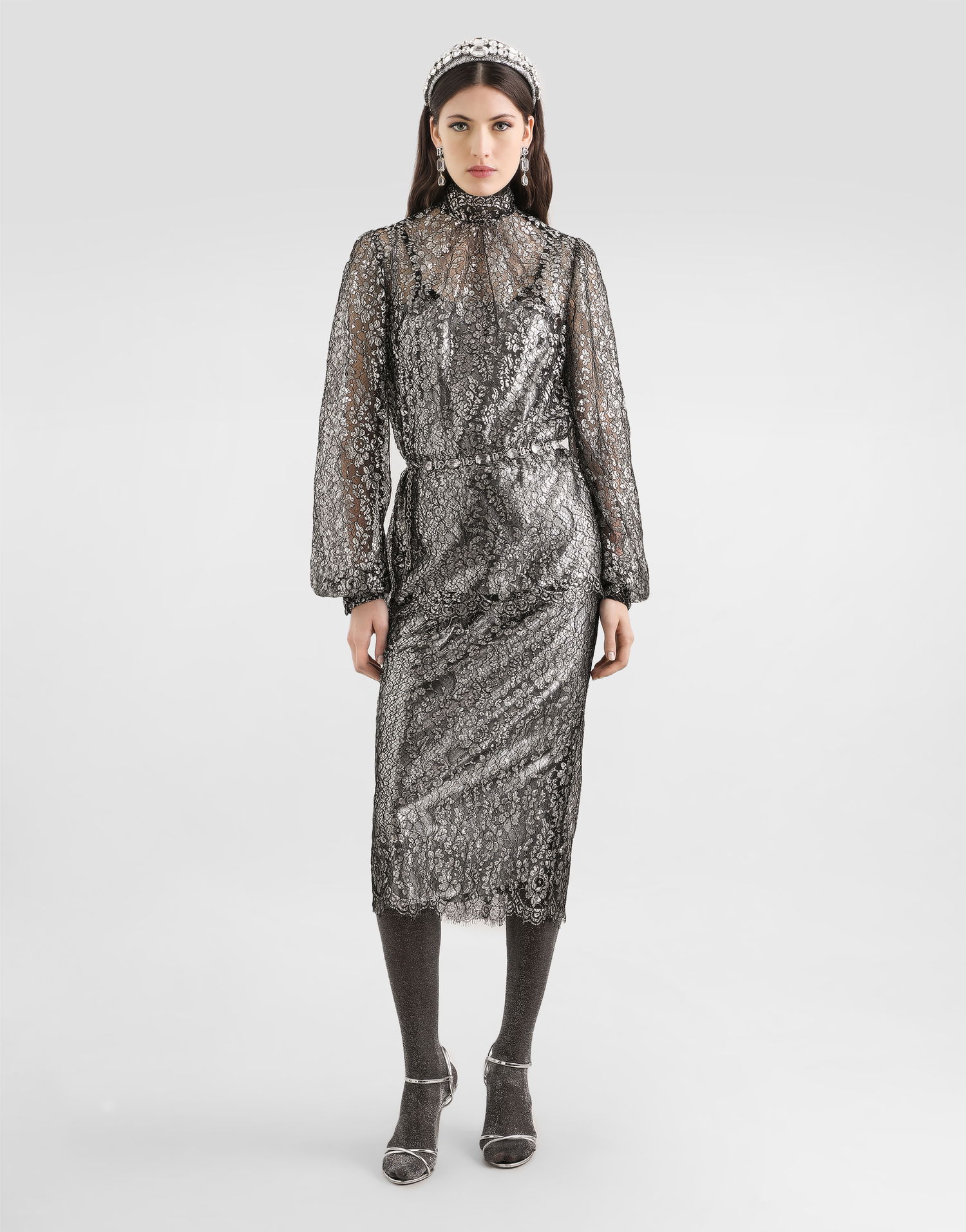 Риза Dolce & Gabbana High-neck Long-sleeve Lamé Lace Top with Scalloped Hem, Collection Металик | F7BD7TILMCFS0998, 1