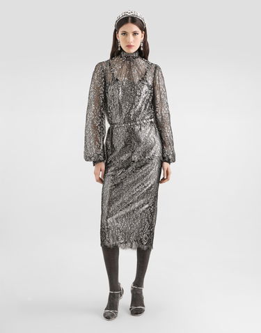 Риза Dolce & Gabbana High-neck Long-sleeve Lamé Lace Top with Scalloped Hem, Collection Металик | F7BD7TILMCFS0998, 1