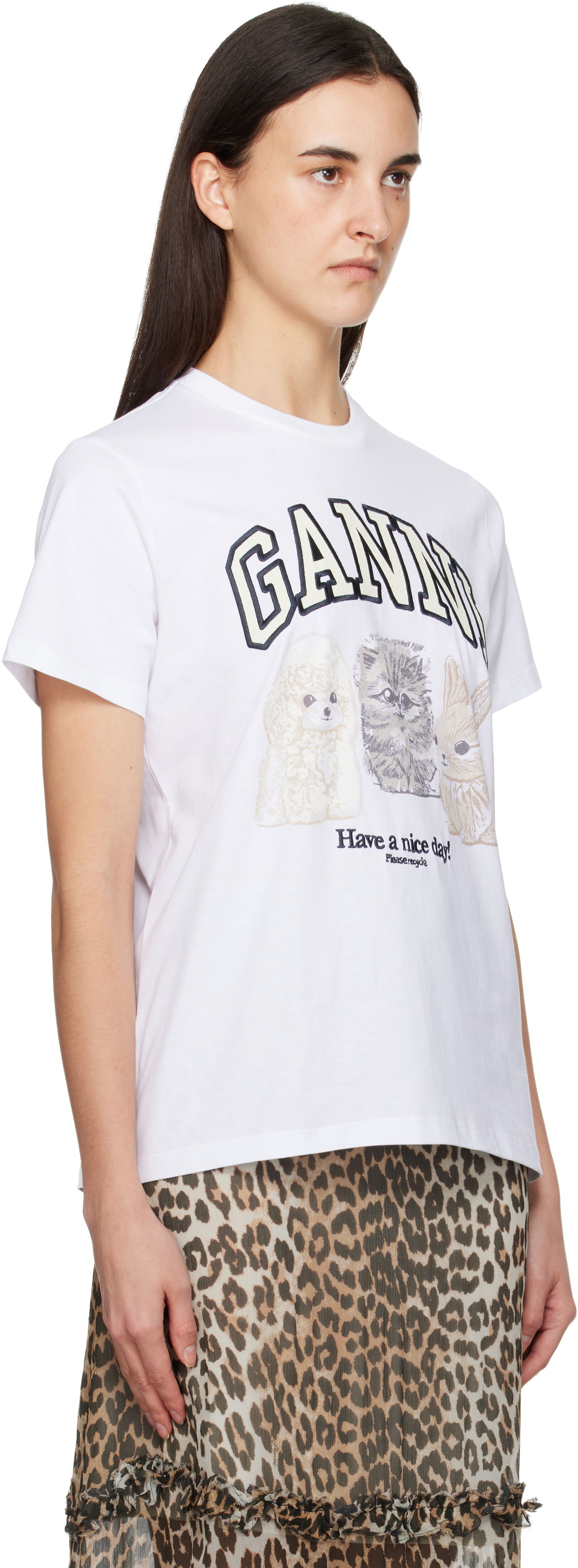 Тениска GANNI Jersey Animals Relaxed T-shirt Бяло | T4237, 1