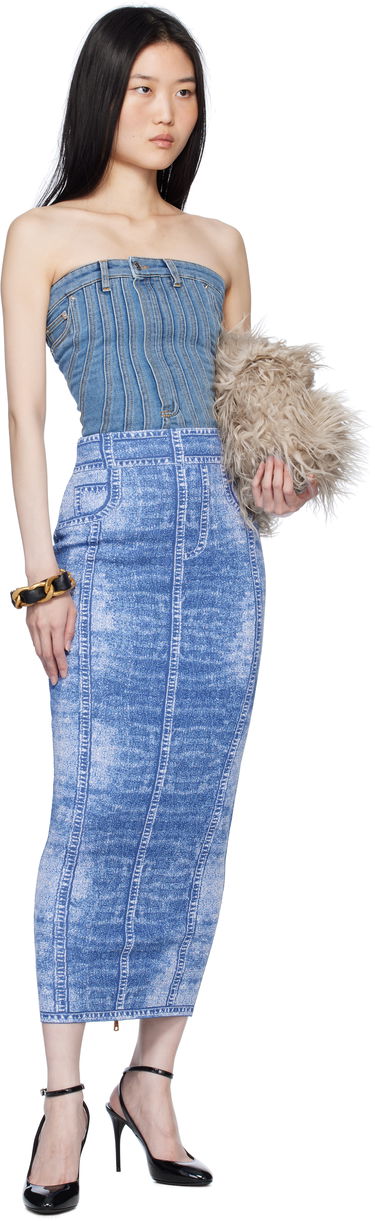 Пола Balmain Denim Effect Knit Midi Skirt Синьо | EF1LD475KH80, 3