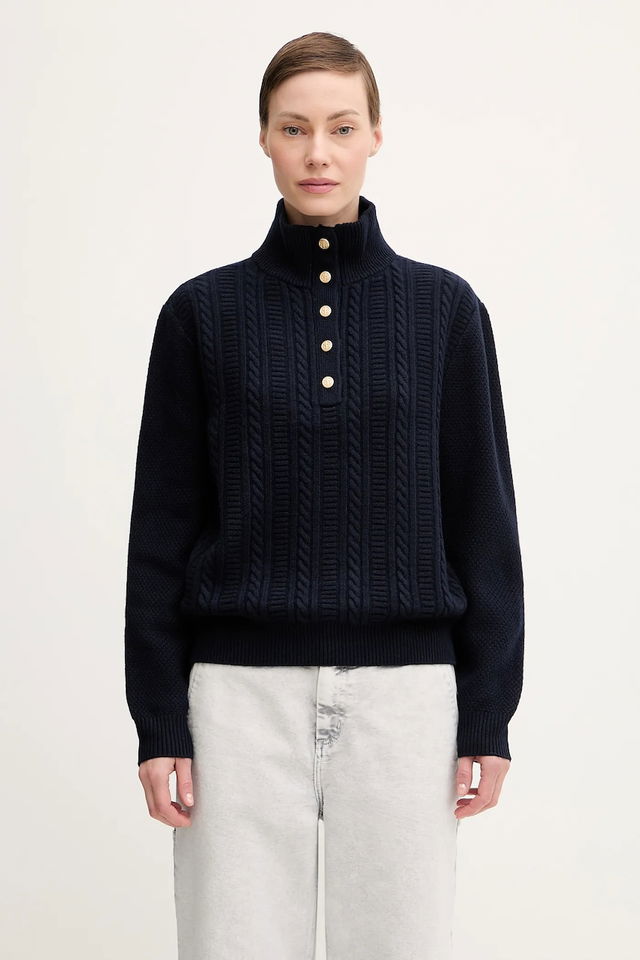 Thea Cable-Knit Mock Neck Button-Front Sweater