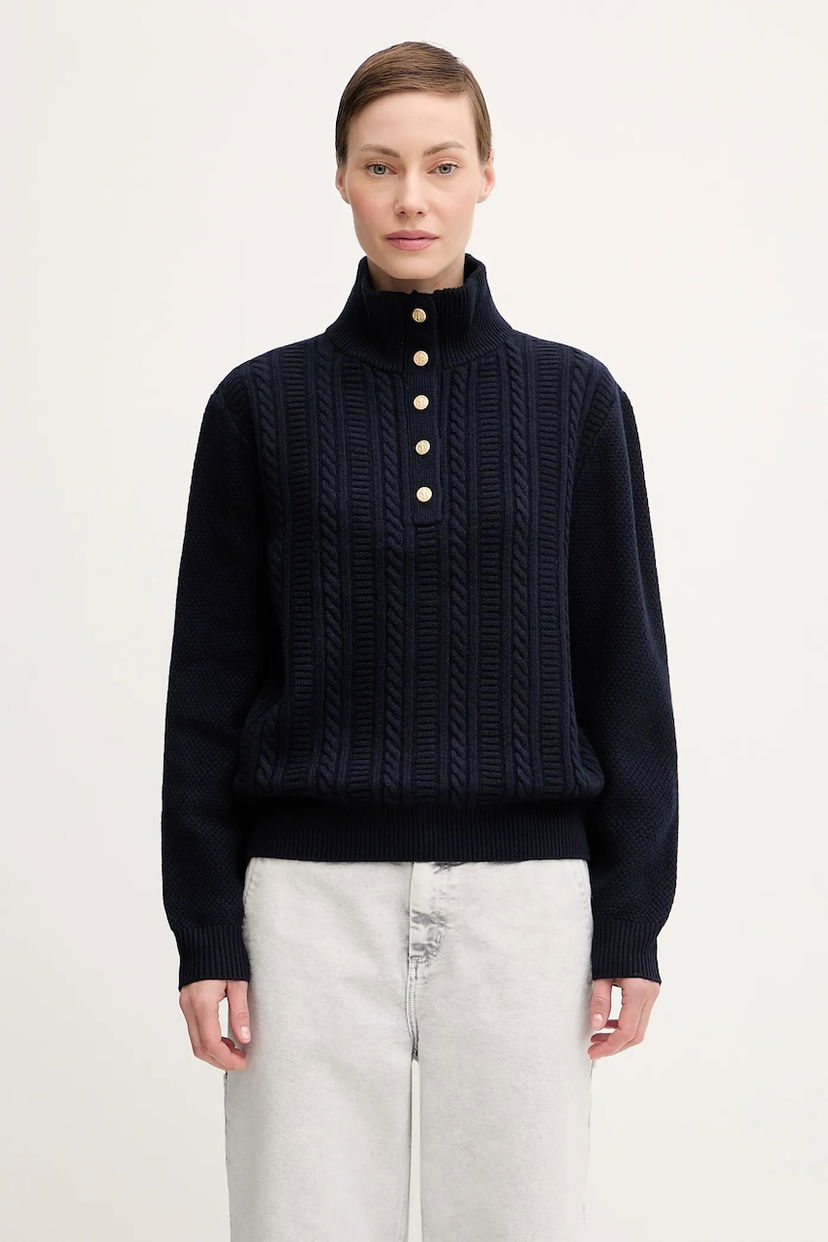 Пуловер A.P.C. Thea Cable-Knit Mock Neck Button-Front Sweater Тъмно синьо | WVBCZ.F23426