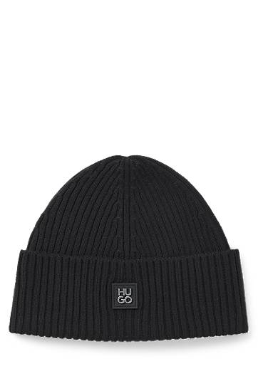 Шапка BOSS HUGO Virgin-Wool Beanie Hat with Stacked Logo Черно | 50527250