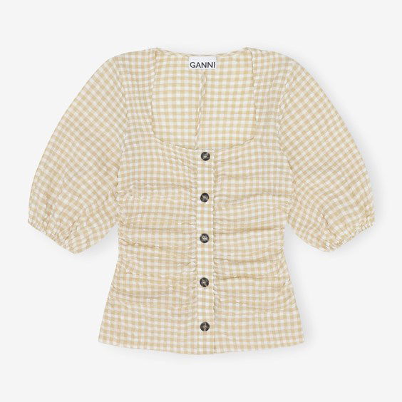 Тениска GANNI Stretch Seersucker Gathered Blouse Бежово | F7952-531, 0