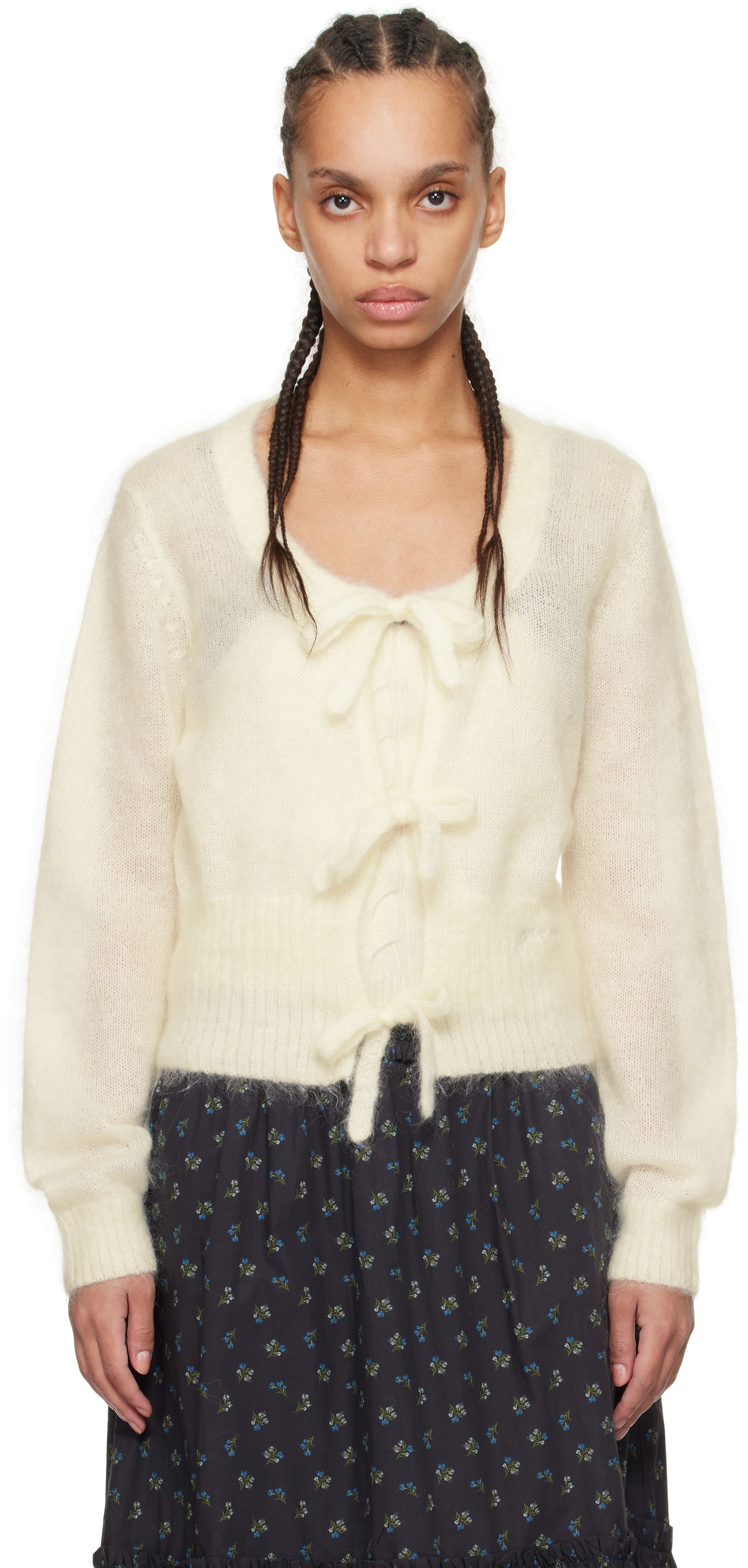 Пуловер GANNI Fuzzy Tie String Cardigan Бяло | K2343, 0