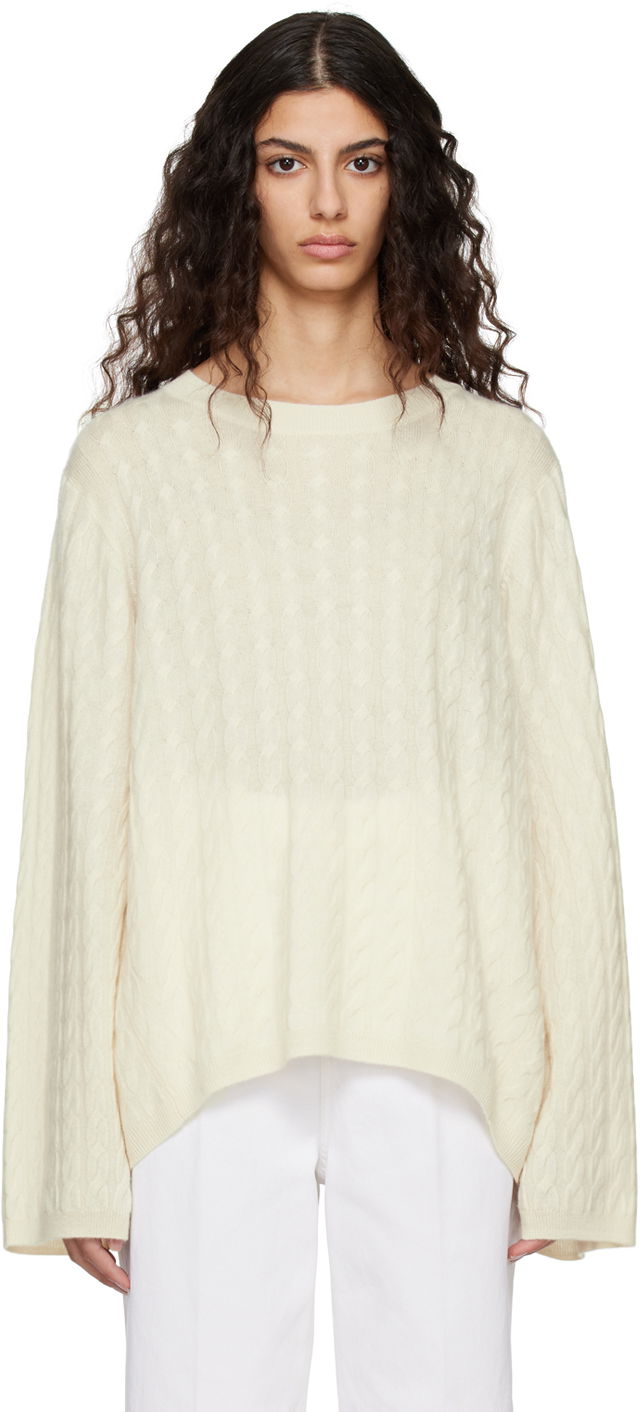 Пуловер TOTEME TOTEME Crewneck Cable Knit Sweater Бяло | 212-569-751, 0